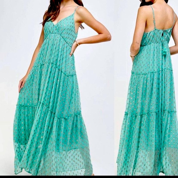 NWT Beautiful Tiered Maxi Dress with Gold Embroidery - Picture 8 of 8